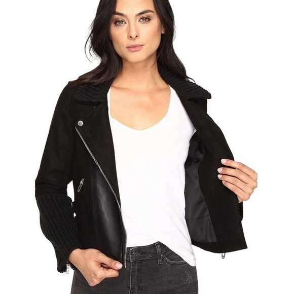 NWT Blank NYC Suede Leather + Cable Knit Moto Biker Jacket Black New With Tags S - Picture 2 of 11